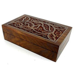 Handcrafted Carved Sheesham Wood Box with Pewter Inlay Handmade and Fair Trade