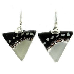 Black and White Flecks Translucent Triangle Glass Sterling Silver Earrings Handmade and Fair Trade