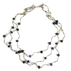 Curly Silver Overlay and Black Freshwater Pearl Necklace with Purple Crystals - Starfish Project