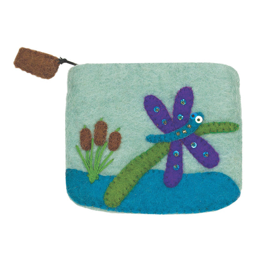 Felt Coin Purse - Cat Tail Dragonfly Handmade and Fair Trade