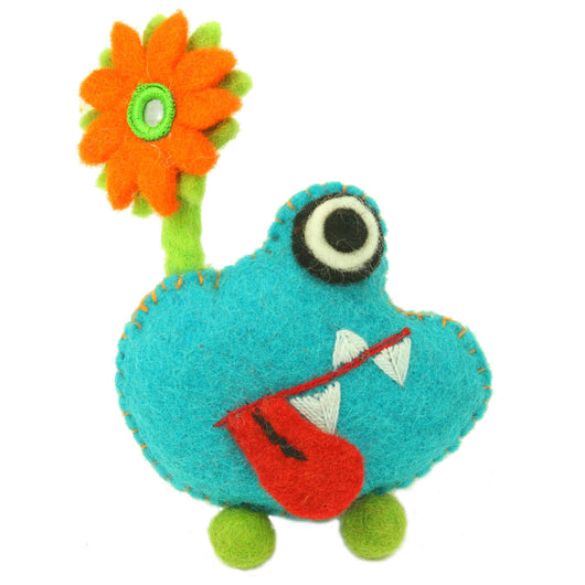 Hand Felted Blue Tooth Monster with Flower Handmade and Fair Trade