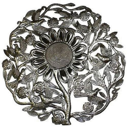 Sunflower and Birds Metal Wall Art 24-inch Diameter Handmade and Fair Trade