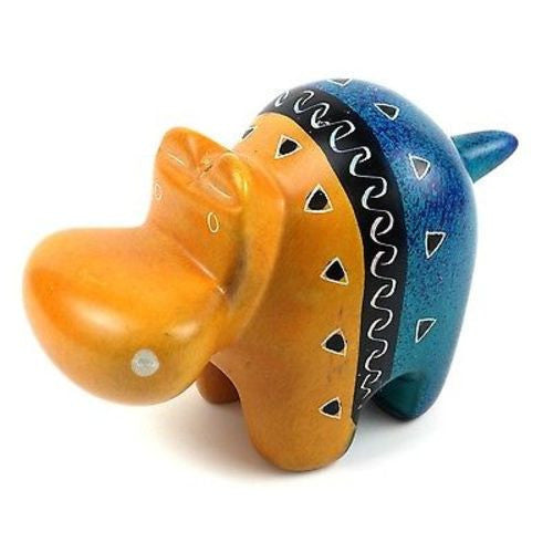 Handcrafted Tan and Blue Soapstone Hippo Handmade and Fair Trade