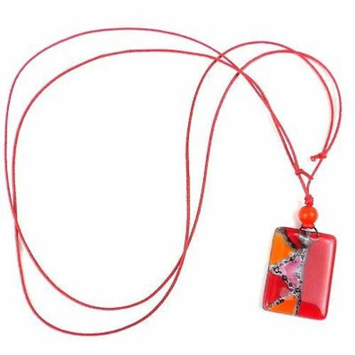 Red Zig-Zag Fused Glass Pendant Necklace Handmade and Fair Trade