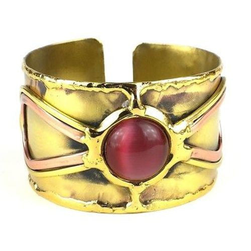 First Blush Pink Tiger Eye Brass Cuff Handmade and Fair Trade