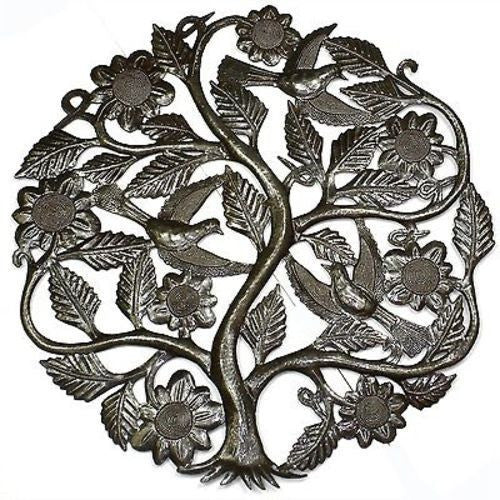 Tree of Life with Flowers Metal Wall Art 24-inch Diameter Handmade and Fair Trade