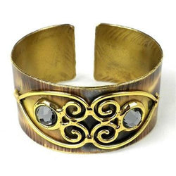 Scrolling Hearts and Gray Crystal Brass Cuff Handmade and Fair Trade