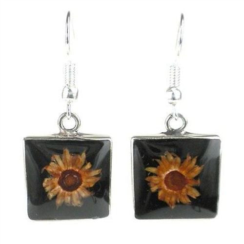 Small Square Nahua Flower and Alpaca Silver Earrings Handmade and Fair Trade