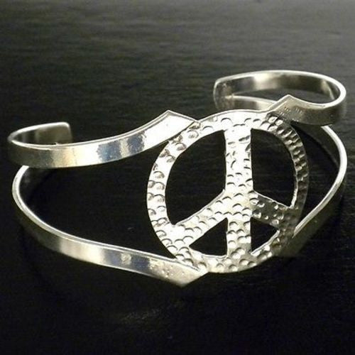 Silver Overlay Hammered Peace Cuff Bracelet Handmade and Fair Trade