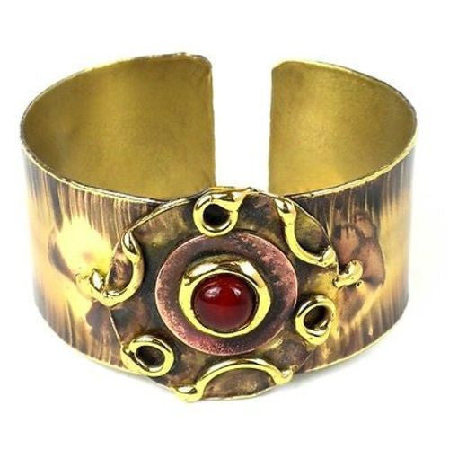 Carnelian Medallion Copper and Brass Cuff Handmade and Fair Trade