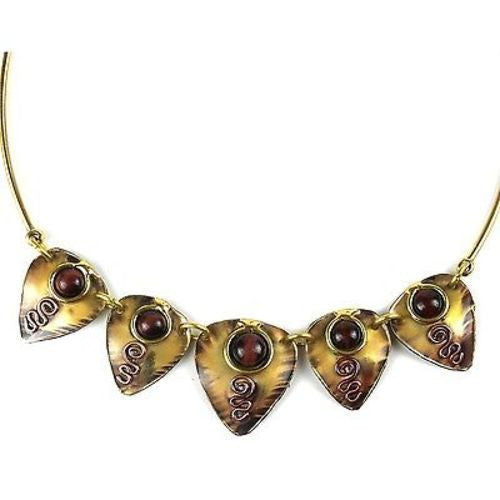 Earthy Red Tiger Eye Guitar Pick Brass Necklace Handmade and Fair Trade