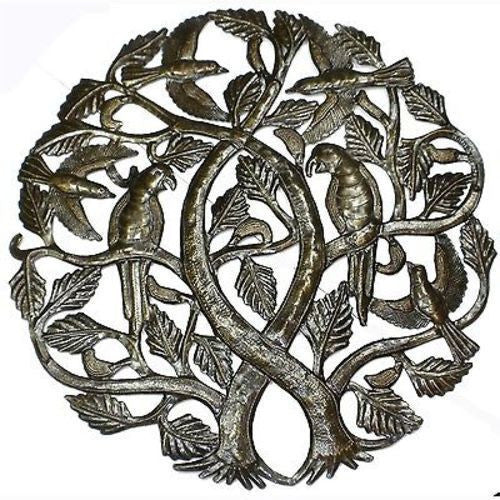 Tree of Life with Parrots 24-inch Metal Art Handmade and Fair Trade